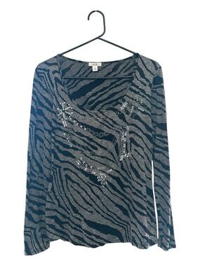 Vintage Y2K Era Cache Black & Silver Zebra Print Embellished Long Sleeve Top M